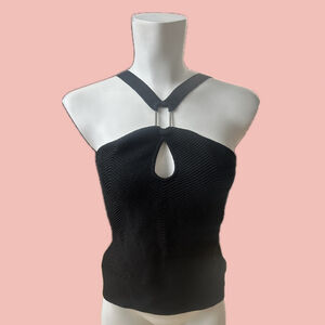 Y2K Black Knit Halter Top Cut Out Ribbed San Francisco Size L